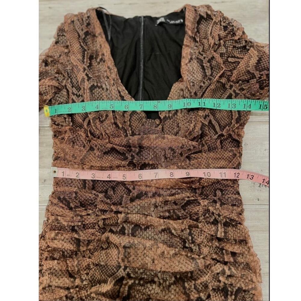 Zara Brown Snake Print Ruched Mesh Mini Dress Long Sleeve Bodycon Euro Siren S - Picture 10 of 14